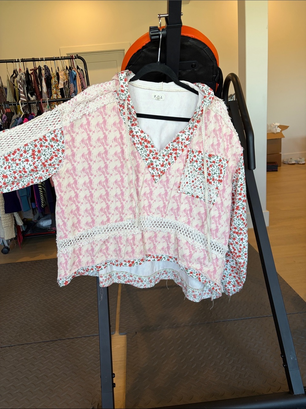 POL Pink Floral Patchwork Tunic with Crochet Trim